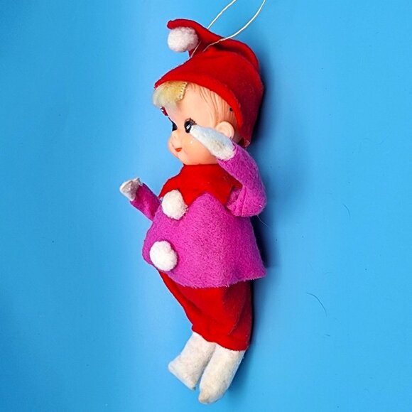 Vintage 1950s Pixie Elf Ornament Pink and Red Hat Pom-Poms Japan Felt Christmas - Picture 5 of 9